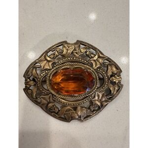 Antique Art Nouveau Victorian Brooch Floral Brass Faux Topaz Citrine Cabochon